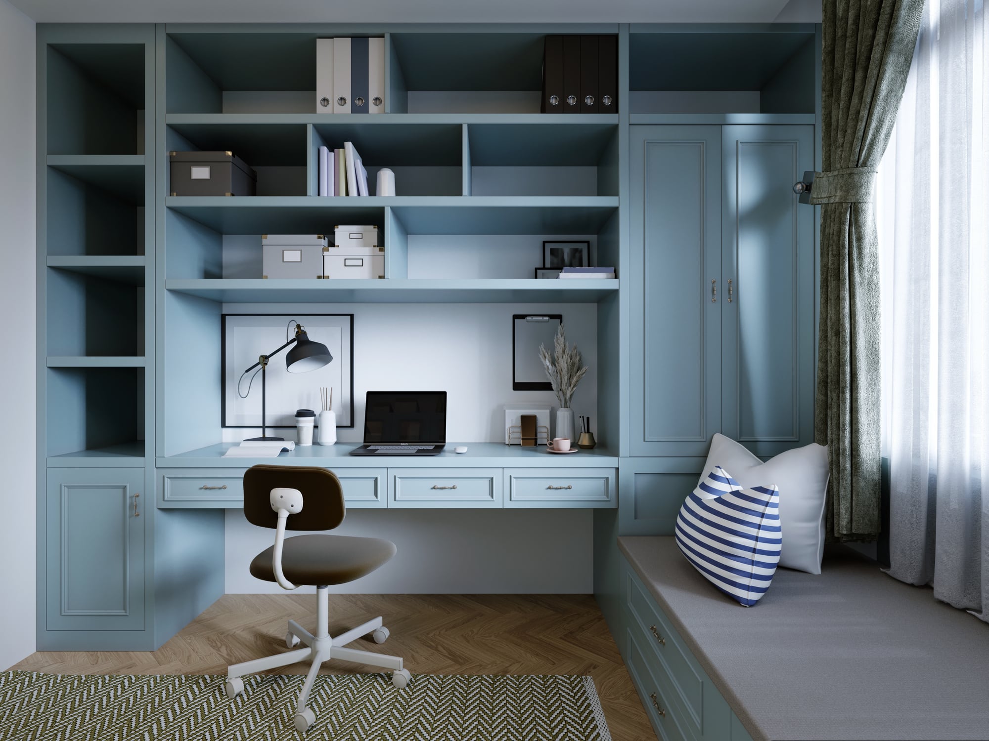 Workplace of a teenager in a children’s room with light blue furniture with shelves and a work table.