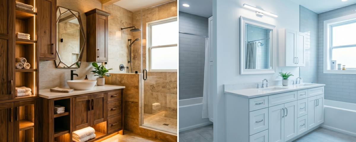 Custom Bathroom Cabinets or Semi-Custom? Which is Right for Your Southwest Florida Home a bathroom with custom bathroom cabinets next to a picture of a bathroom with semi custom bathroom cabinets