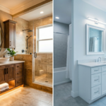 Custom Bathroom Cabinets or Semi-Custom? Which is Right for Your Southwest Florida Home a bathroom with custom bathroom cabinets next to a picture of a bathroom with semi custom bathroom cabinets