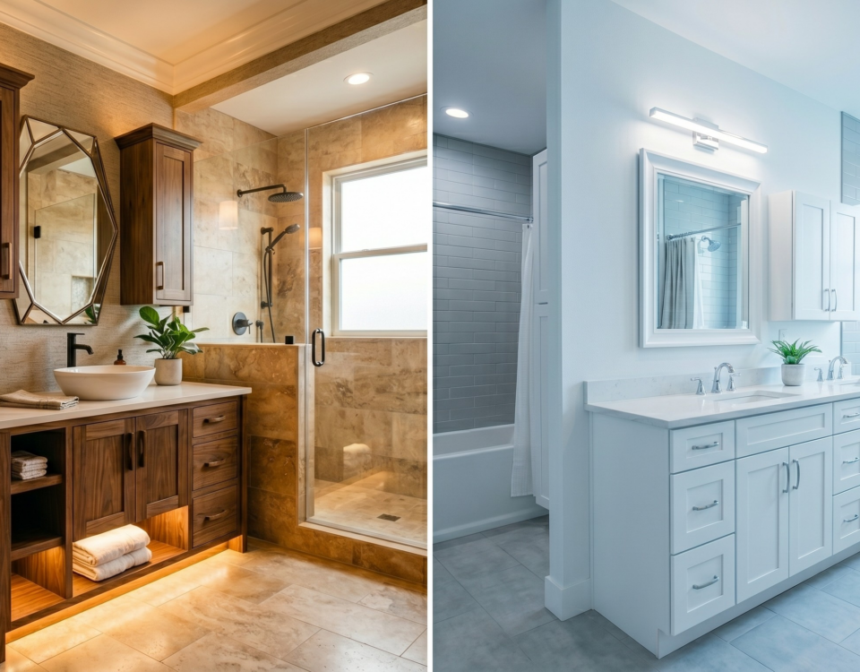 Custom Bathroom Cabinets or Semi-Custom? Which is Right for Your Southwest Florida Home a bathroom with custom bathroom cabinets next to a picture of a bathroom with semi custom bathroom cabinets
