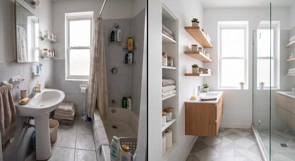 Elegant Small Bathroom Storage Ideas for Southwest Florida Homes A before and after of a small bathroom. The before shows cramped cluttered bathroom, the after shows a sleek well designed bathroom with great very small bathroom storage idea implemented.