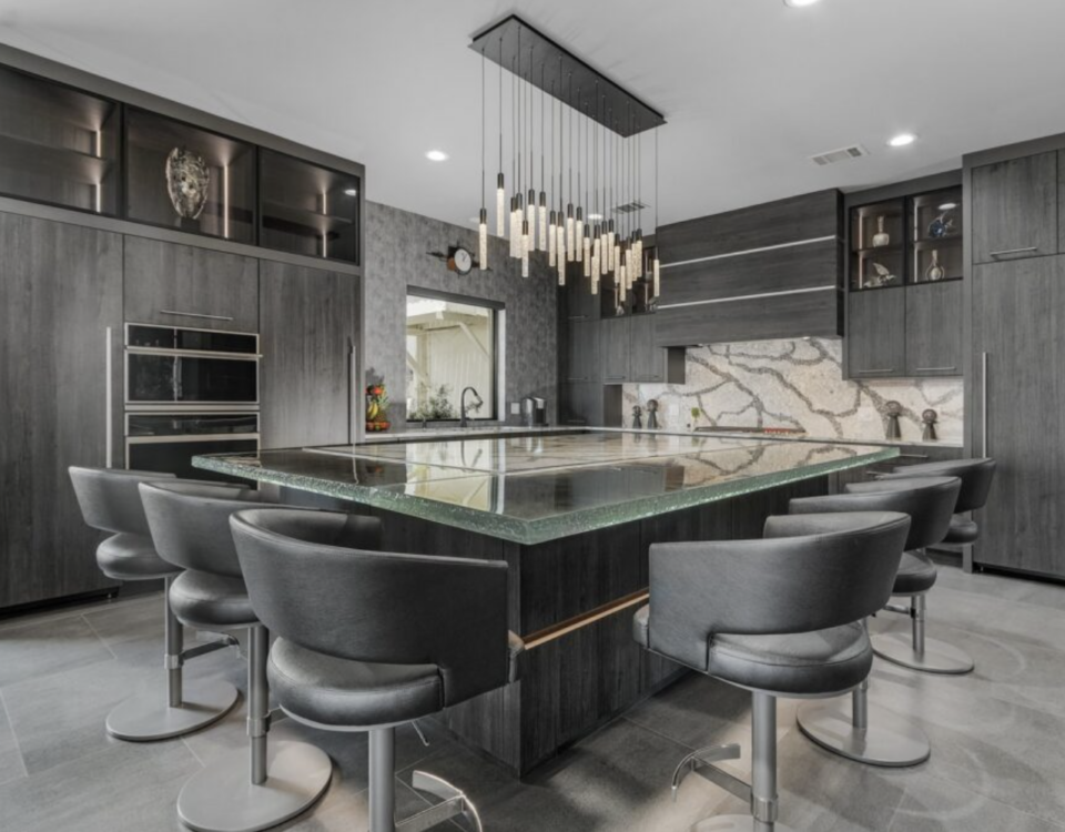 A room with floor to celling cabinets